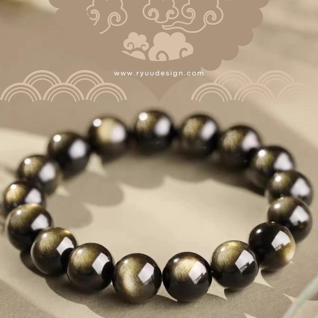 Grade A Gold Sheen Obsidian Buddha Beads Bracelet